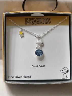 Peanuts Snoopy & Woodstock Fine Silver-Plated Necklace with Blue Crystal